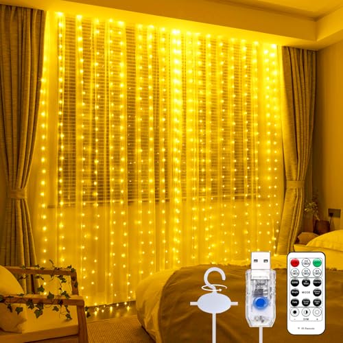 600LED Curtain Lights for Bedroom, Warm White, 8 Modes Y367582