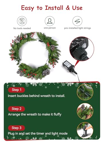 Brightown 24 Inch Pre-Lit Artificial Christmas Wreath with Pine Cones & Berries L37024