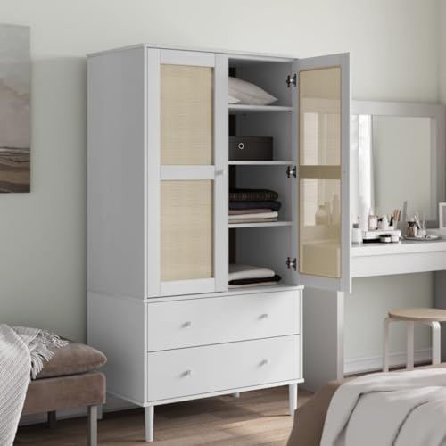 vidaXL Solid Pine Wood Wardrobe White Rattan Look U2650