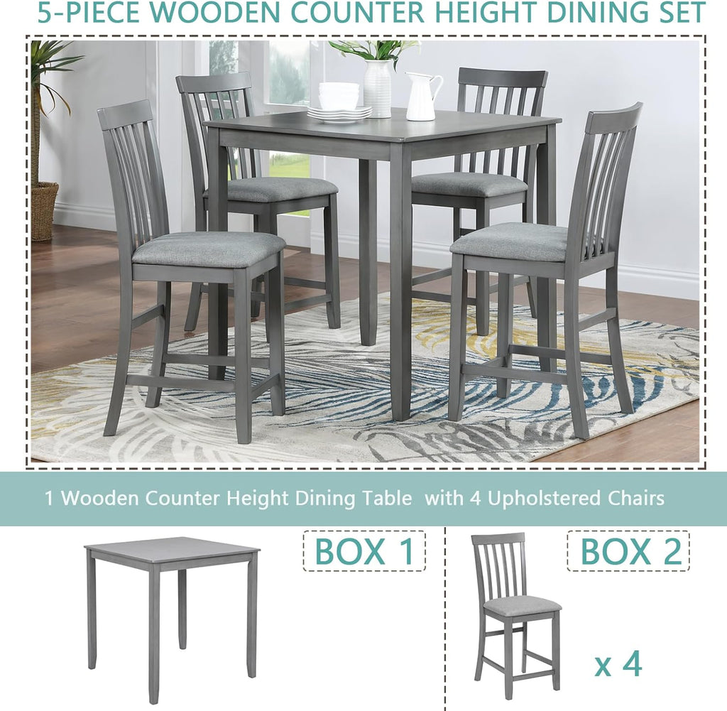 5 Piece Counter Height Dining Table Set for 4, Farmhouse with Upholstered Chairs, Dove Gray A5692
