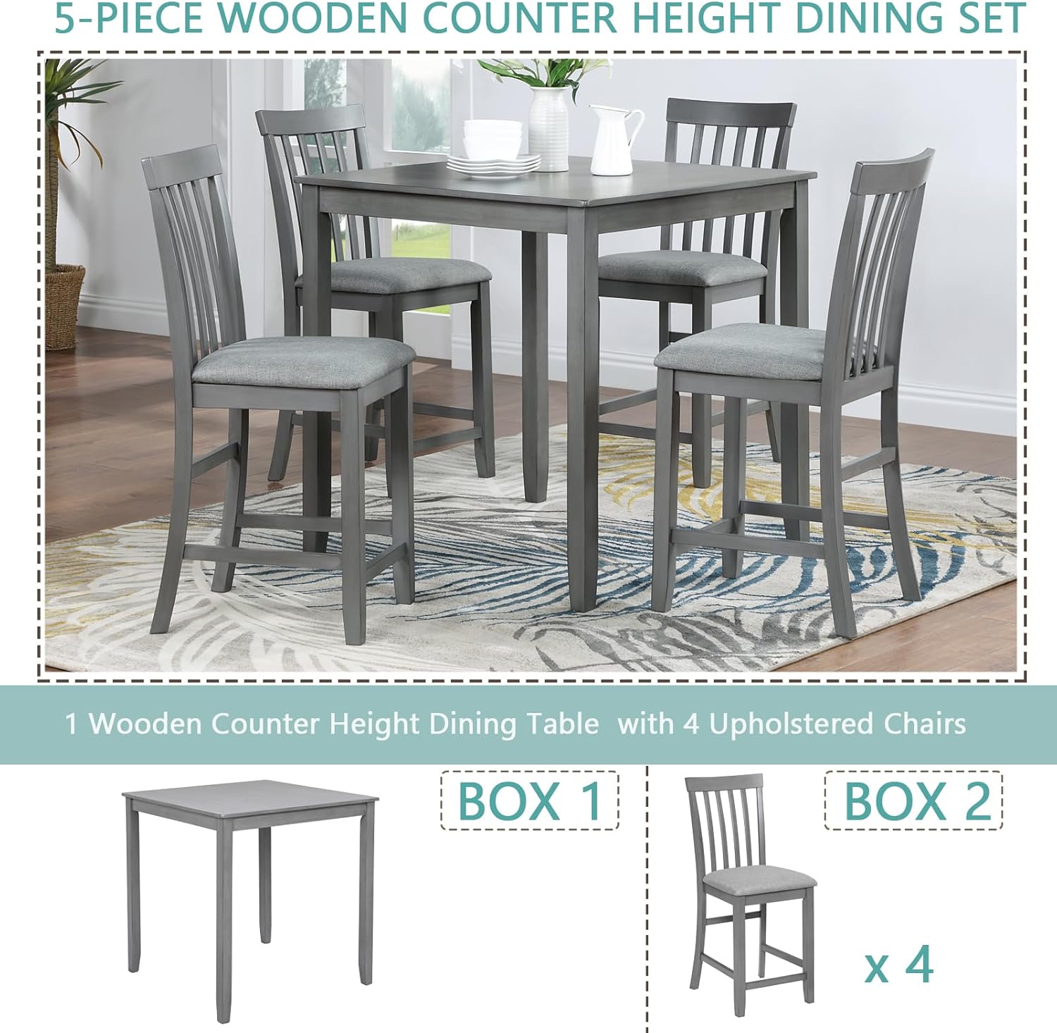 5 Piece Counter Height Dining Table Set for 4, Farmhouse with Upholstered Chairs, Dove Gray A5692