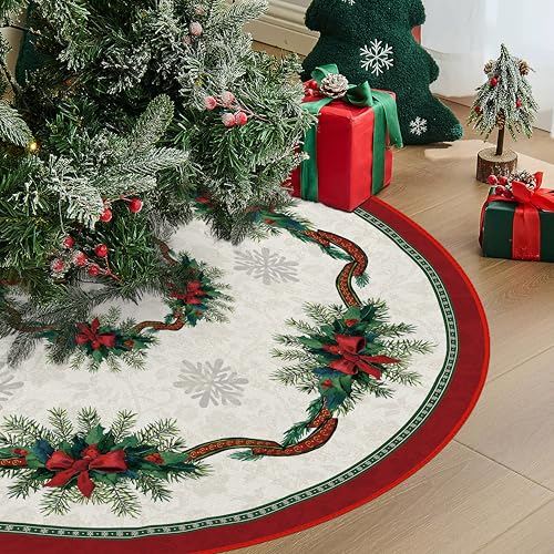 Christmas Tree Skirt 36 Inches with Ribbon Holly, Winter Xmas Tree Mat M27278