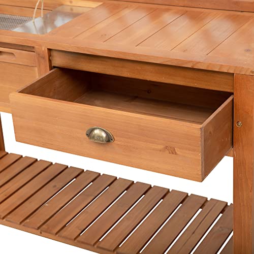 Outsunny Garden Potting Bench Outdoor Wooden Workstation Table with Storage Shelf E755029