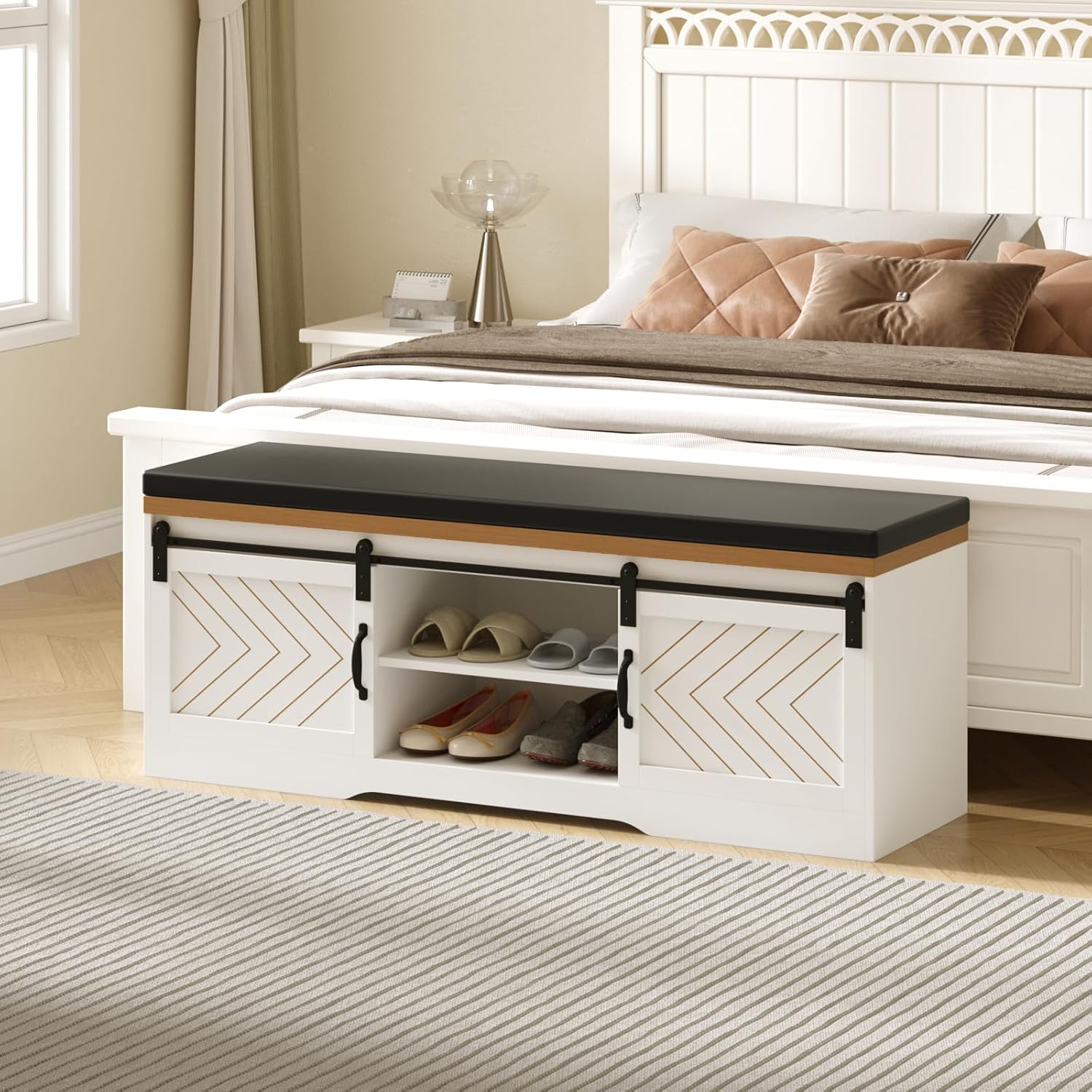 Farmhouse Shoe Storage Bench with Padded Seat and Barn Doors F4988