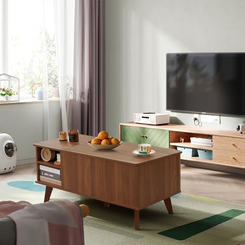 Mid-Century Modern Wood Coffee Table with Dual Storage Shelf (Walnut) X2536
