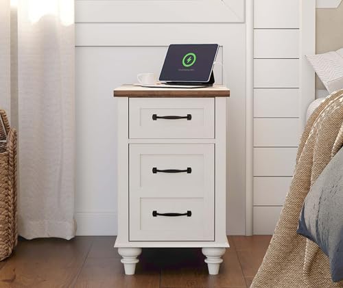 WAMPAT 2 Pack End Table with Charging Station and Storage, White/Oak E6157