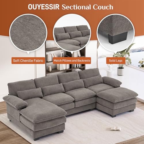 OUYESSIR 114" U-Shape Sectional Sofa with Ottoman & Pillows, Beige White K996625