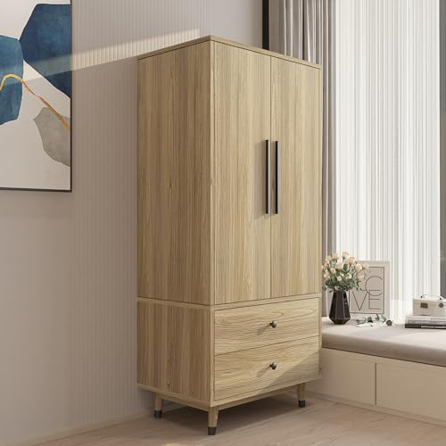 4 Door Armoire Wardrobe with 2 Drawers, Adjustable Shelves and Hanging Rod, Oak U53261