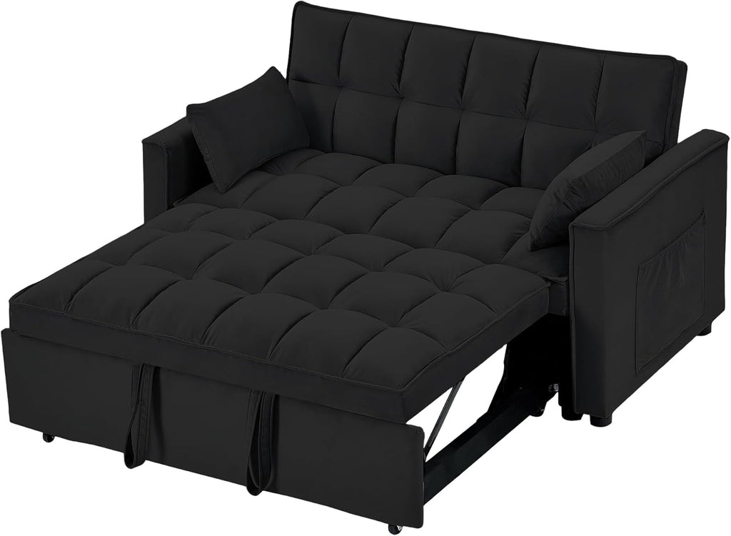 55" Full Size Pull Out Couch 3-in-1 Convertible Futon Sofa Bed, Fluffy Velvet Loveseat U526859