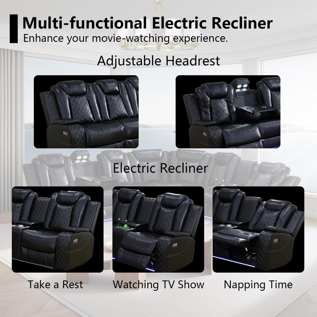 Black Leather Power Reclining Sectional Sofa with USB Port and LED Light L484