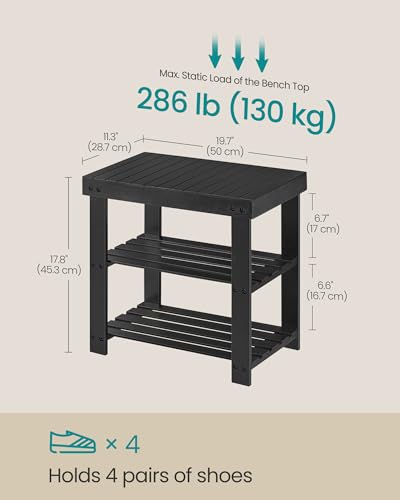 SONGMICS 3-Tier Bamboo Shoe Rack Bench, Entryway Storage, Ink Black X802
