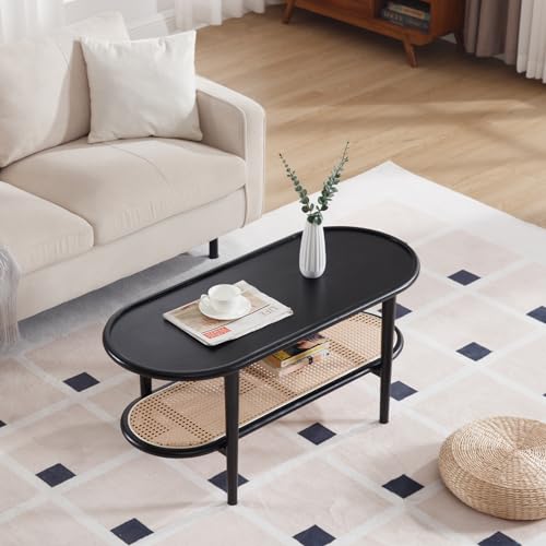 Rattan Wood Mid Century Modern Oval Coffee Table with Storage Shelf, Walnut A302530