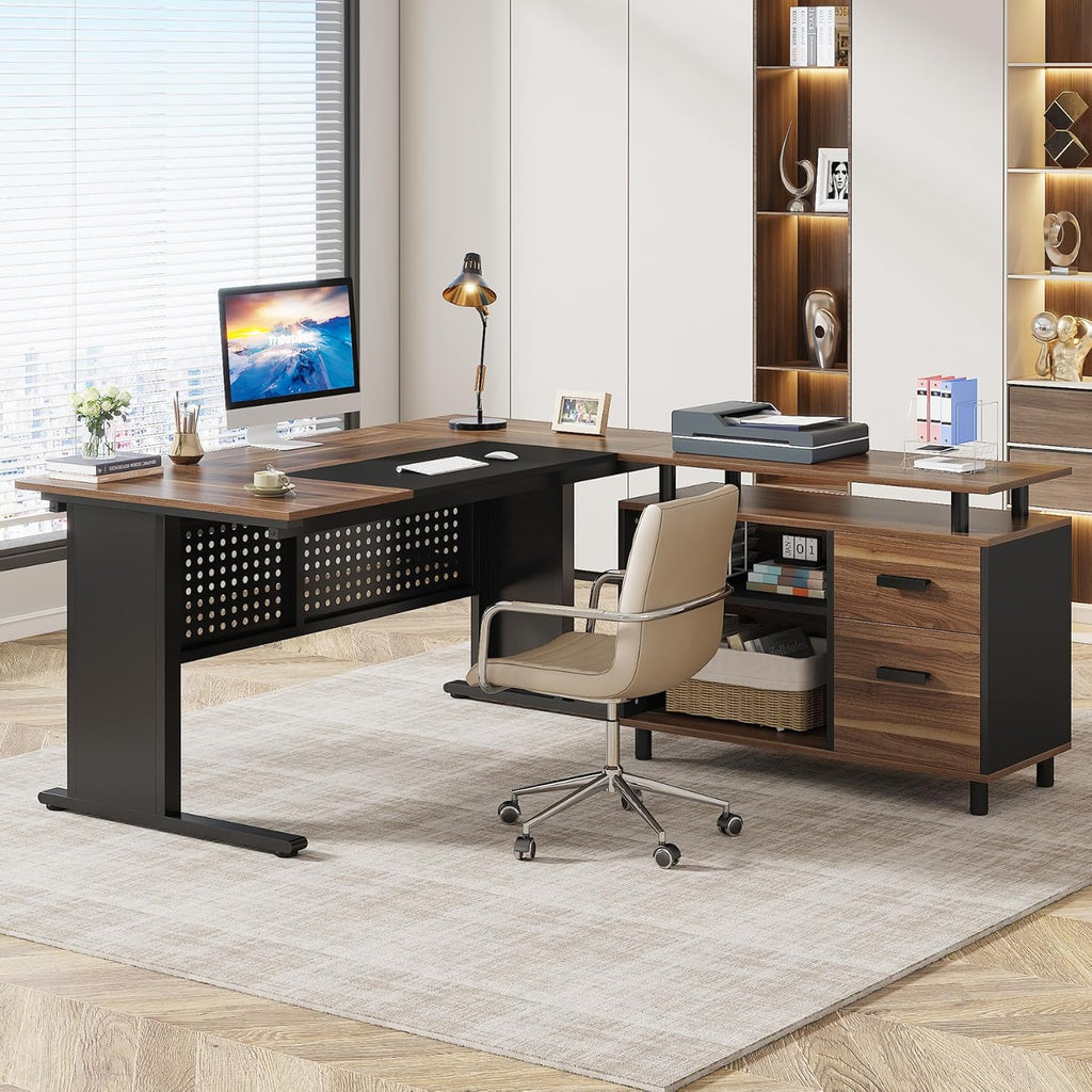 63 Inch L Shaped Executive Computer Desk with File Cabinet, Brown and Black G986925