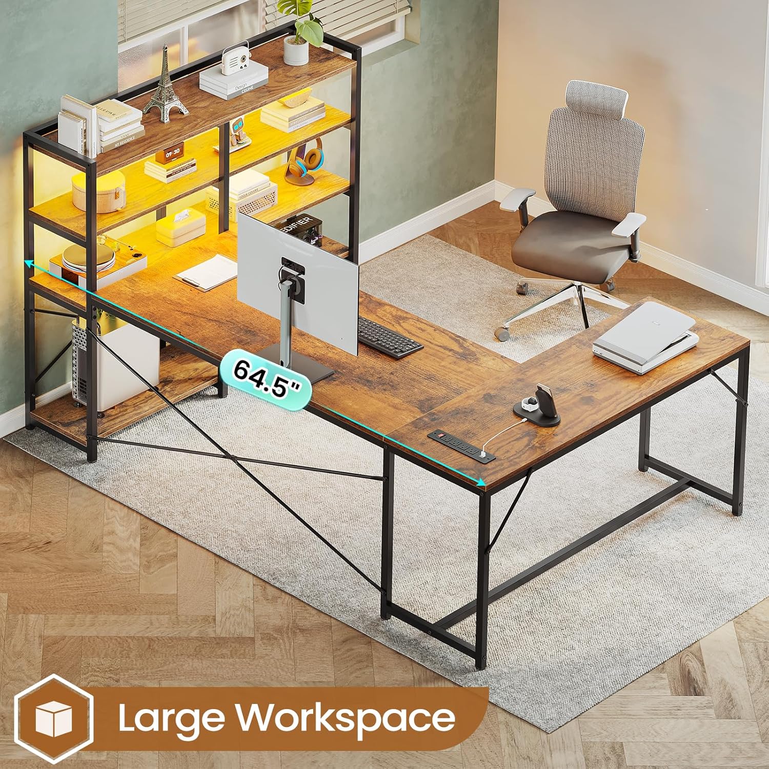 SEDETA L Shaped Computer Desk with Storage Shelves, Power Outlet & LED Light, Rustic Brown D399