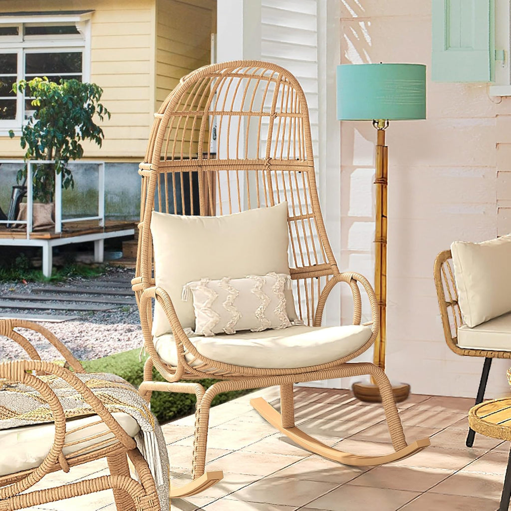 YITAHOME Rocking Egg Chair Outdoor Wicker Patio Basket Chair, Beige P1556