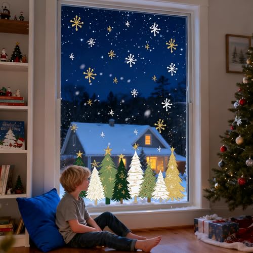 Whaline 9 Sheet Christmas Window Clings Snowy Forest Trees Reusable Window Decals H27510