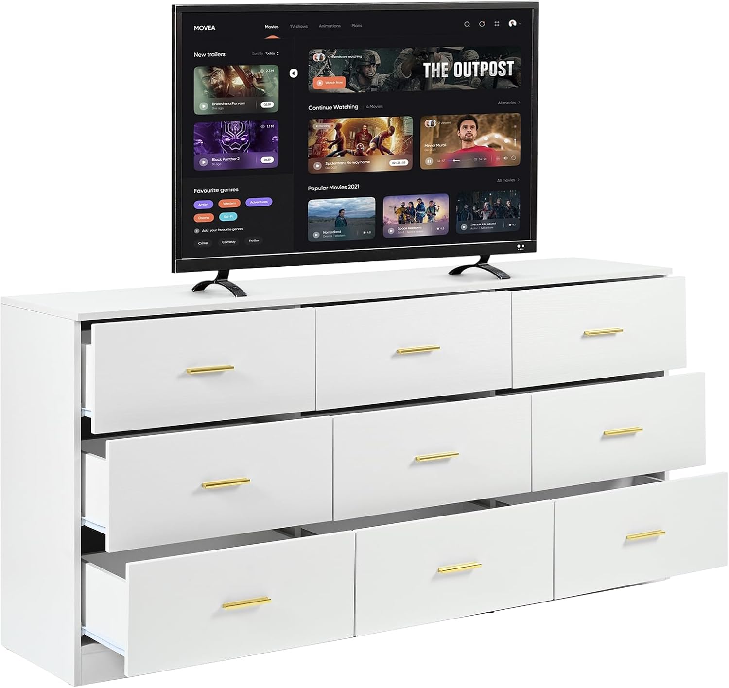 White Dresser for Bedroom with 9 Drawers, Long TV Stand, Modern Chest of Deep Cabinets and Wooden Top, Perfect for Living Room Storage, 63" 15.5" 30"