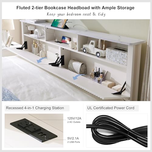 T4TREAM Fluted Panel King Bed Frame with Bookcase Headboard & Charging Station, Dark Grey N415357