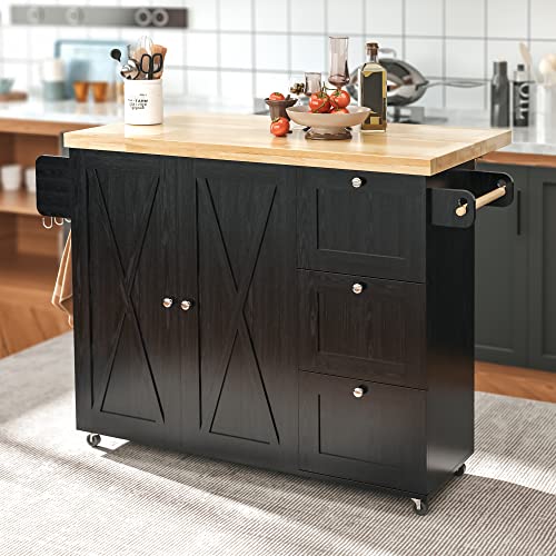 IRONCK Rolling Kitchen Island Cart with Drop-Leaf Countertop, Barn Door Style, Black G666768