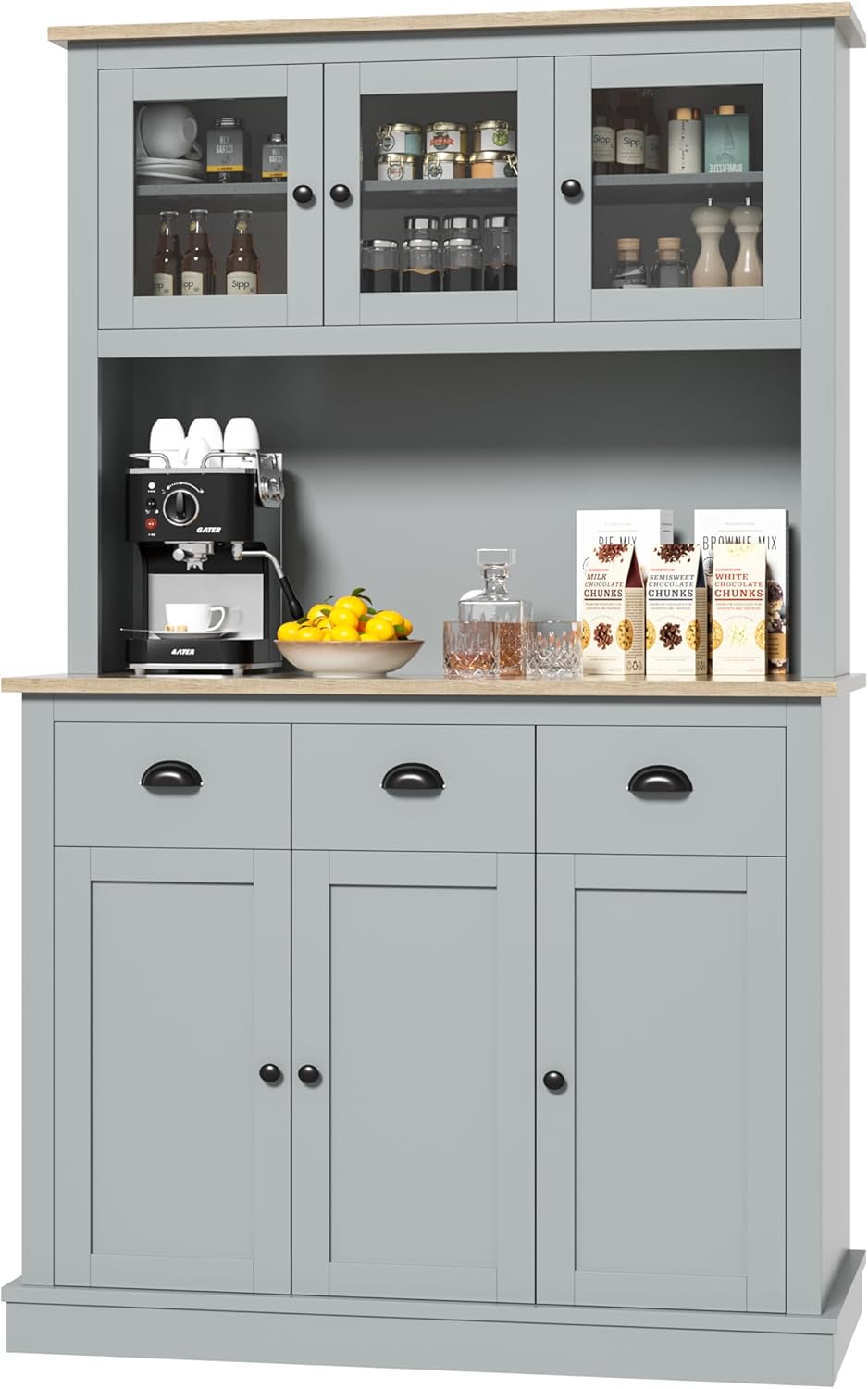 MU 71" Kitchen Hutch Storage Cabinet with Countertop, Grey P72649