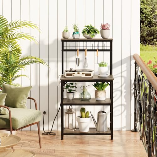 Furologee Bakers Rack with Power Outlet and LED Light, 4-Tier Microwave Stand, Rustic Brown M537