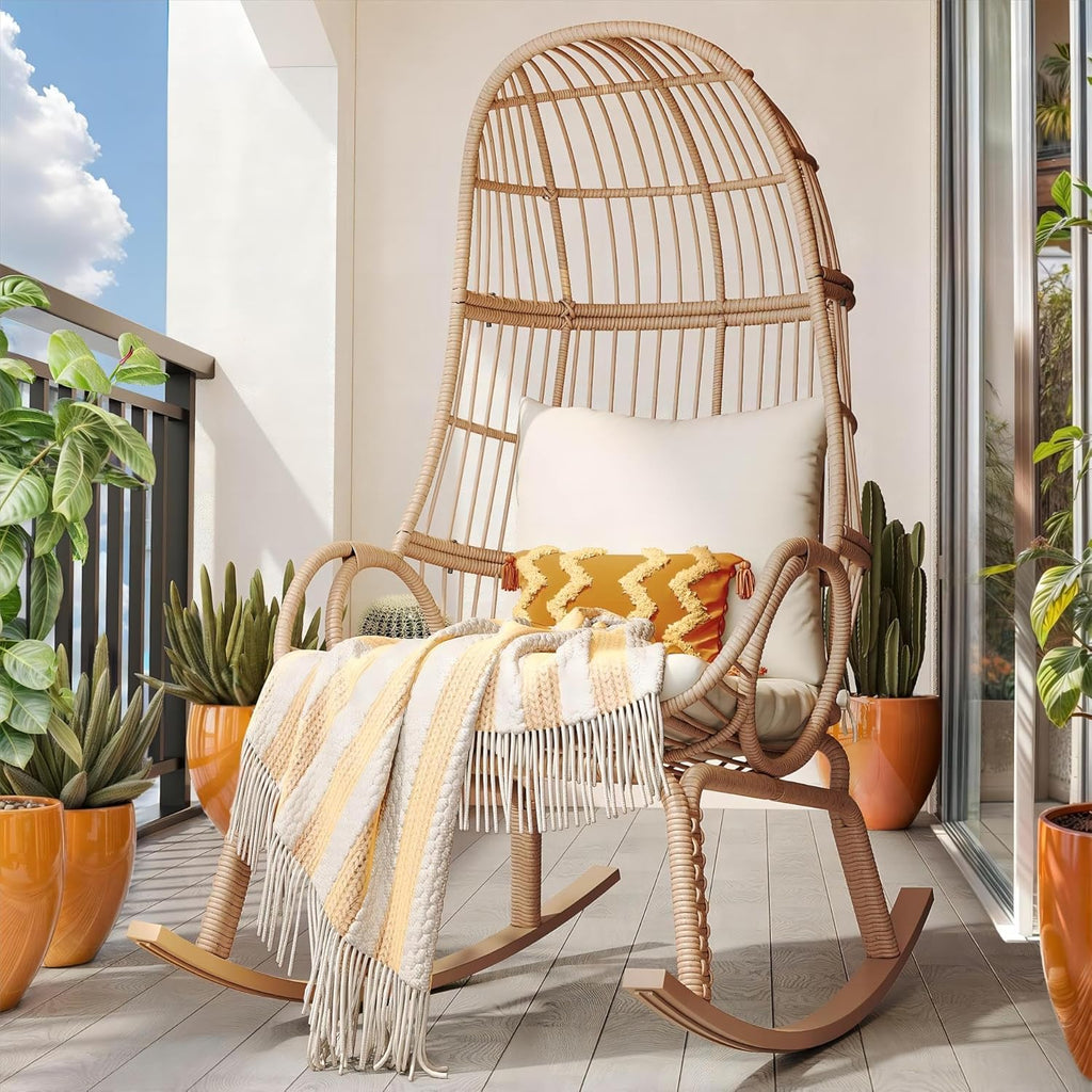 YITAHOME Rocking Egg Chair Outdoor Wicker Patio Basket Chair, Beige P1556