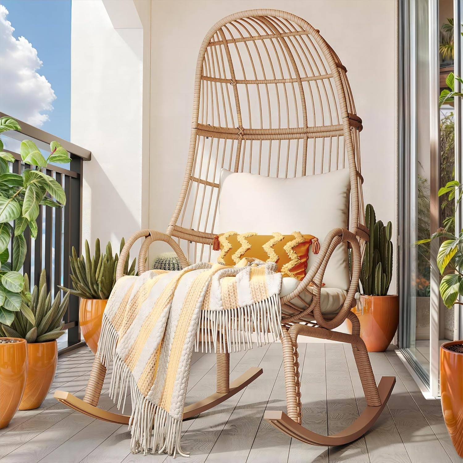 YITAHOME Rocking Egg Chair Outdoor Wicker Patio Basket Chair, Beige P1556