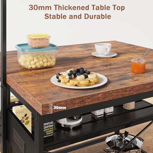 Kitchen Island with Storage, Bakers Rack with Power Outlet, 3 Tier Microwave Stand, Coffee Bar Table I24443
