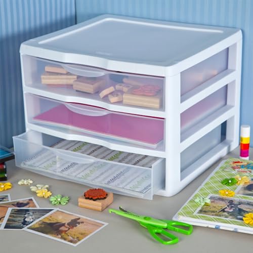 Sterilite 3-Pack Wide 3 Drawer Unit, Plastic Desktop Organizer, White Frame X750