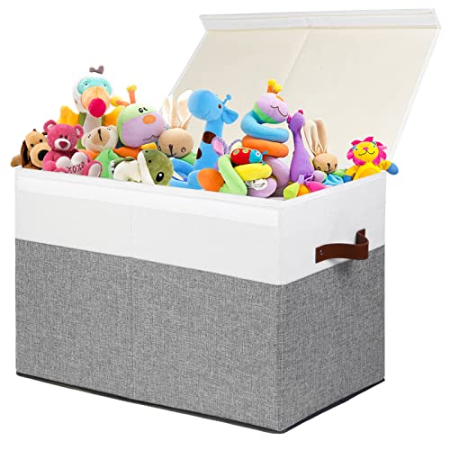 Large Toy Storage Box with Lid and Dividers for Kids, Beige and White X95078