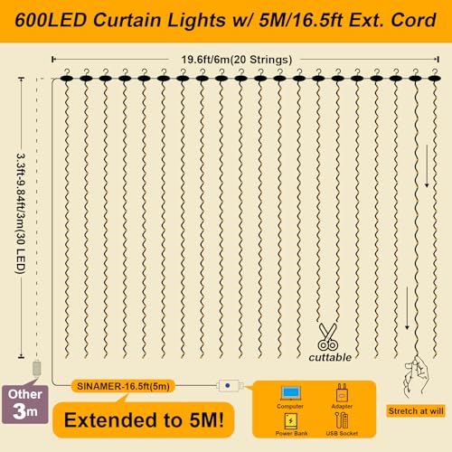600LED Curtain Lights for Bedroom, Warm White, 8 Modes Y367582