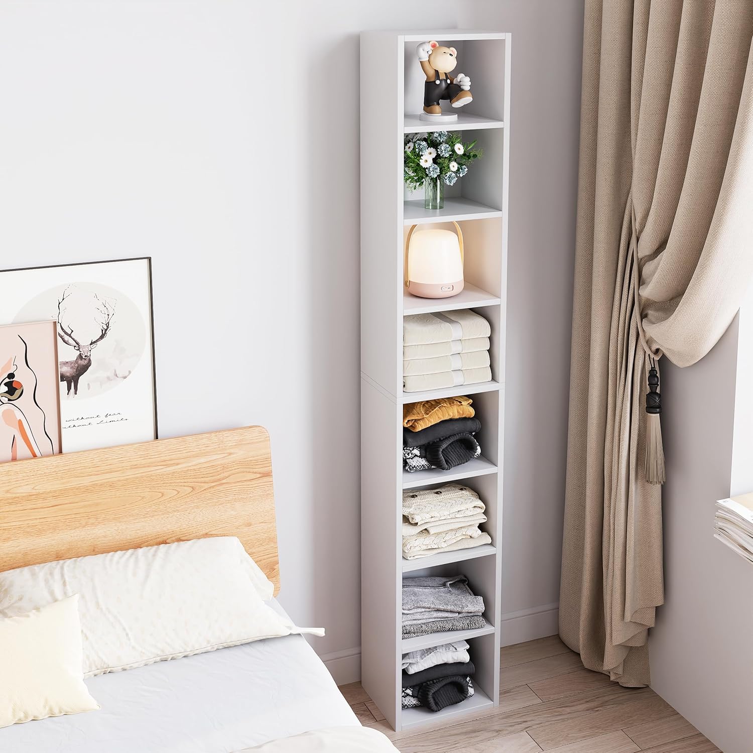 71 Inches Tall Narrow Bookshelf, 8-Tier Media Tower, White B925548