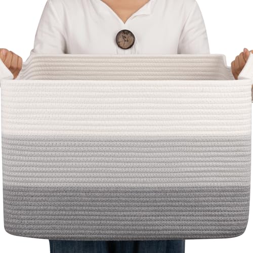 OIAHOMY Large Rectangle Woven Blanket Basket with Handle, Gradient Blue B58762