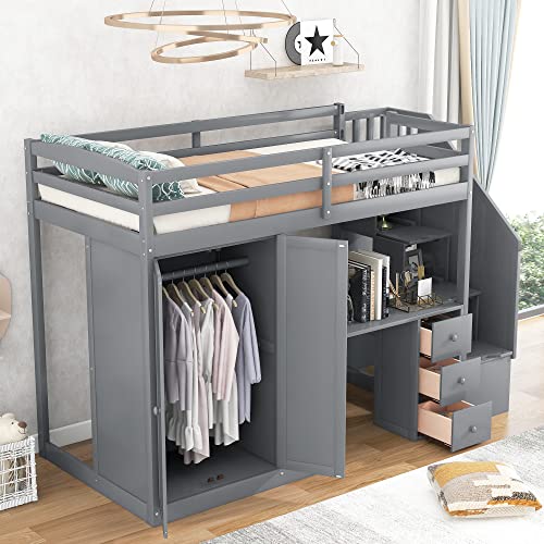 Harper & Bright Designs Twin Size Loft Bed with Desk and Stairs, Solid Wood, Espresso G152541