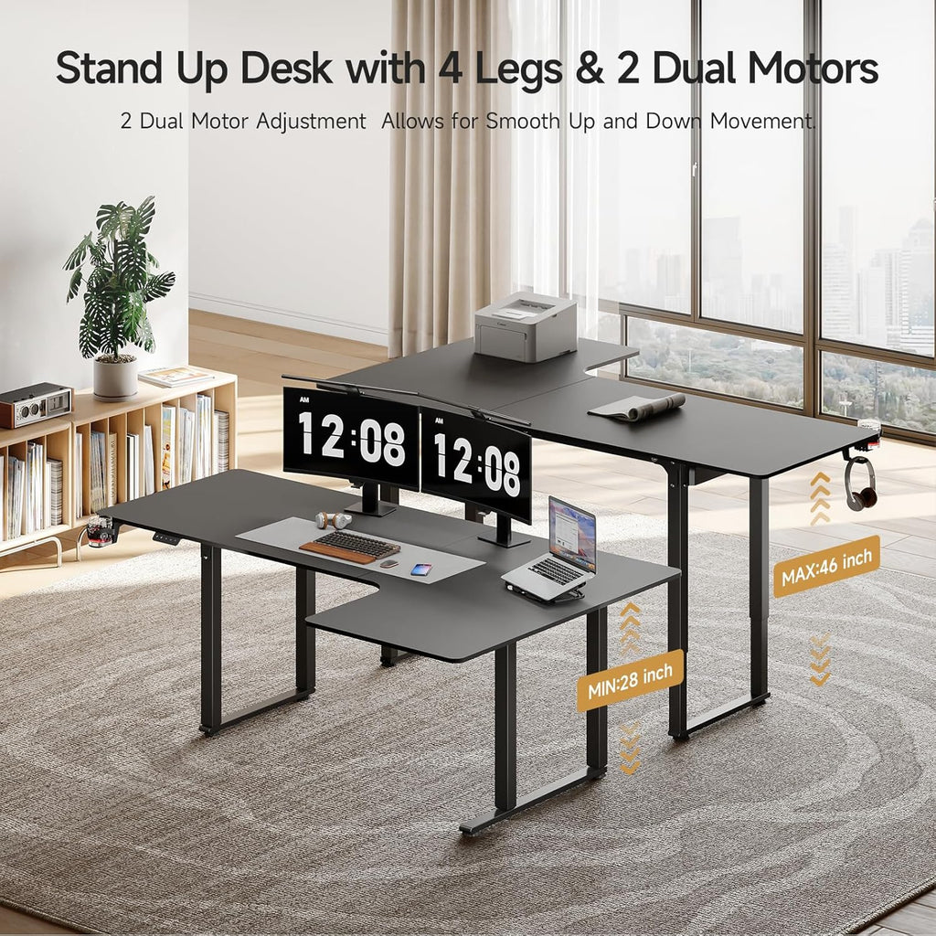 L Shaped Standing Desk 63x43 Inches with Dual Motor Memory Controller, Black Q887678