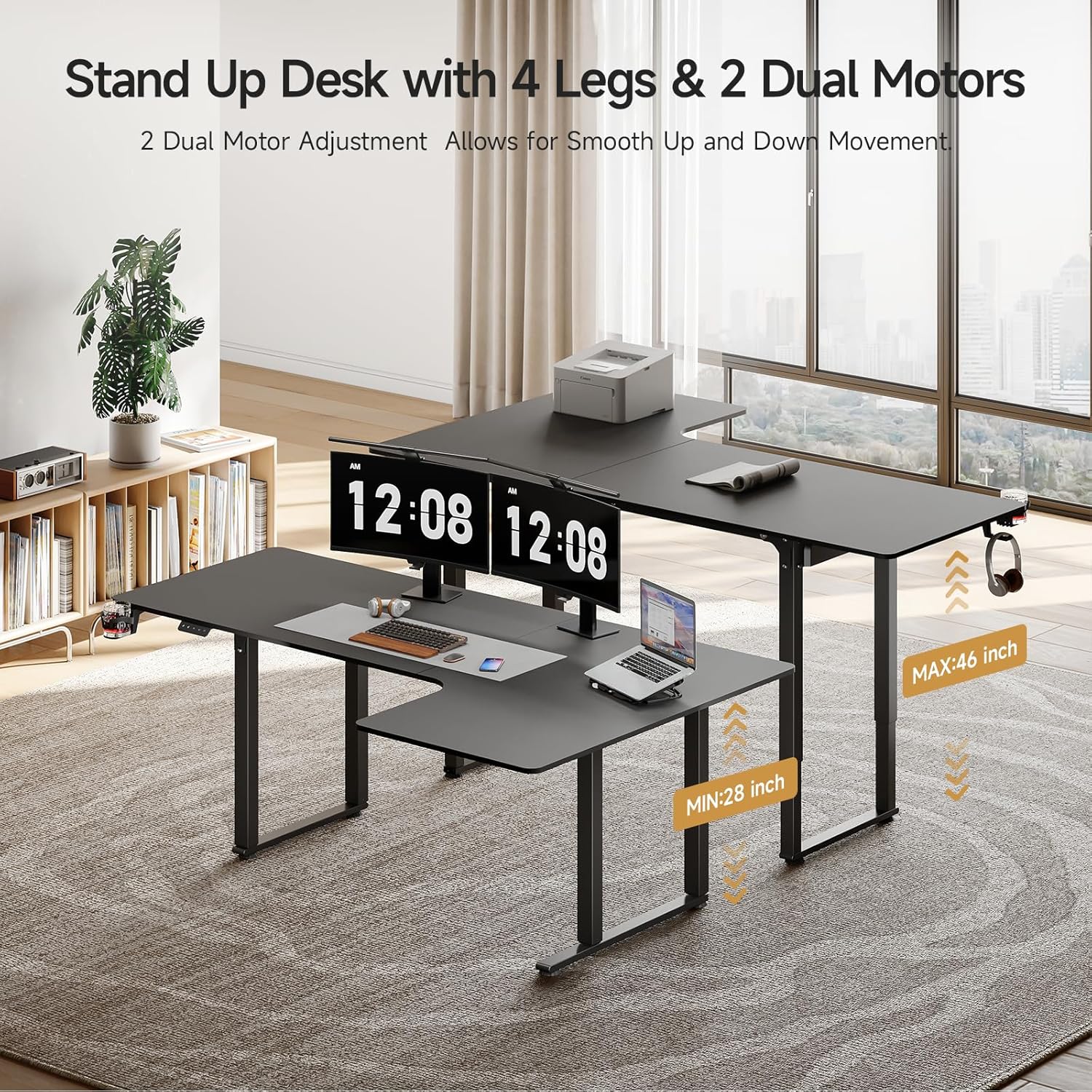 L Shaped Standing Desk 63x43 Inches with Dual Motor Memory Controller, Black Q887678