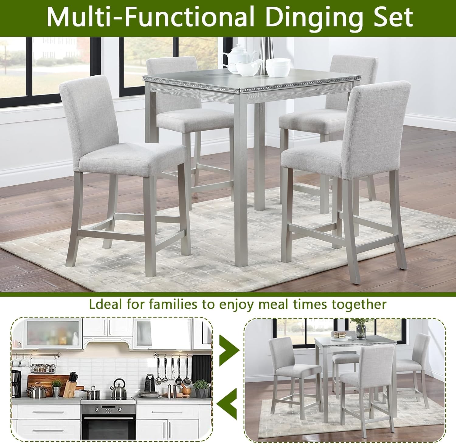 Acacia Wood Counter Height Dining Table Set with 4 Upholstered Chairs, Grey H9064