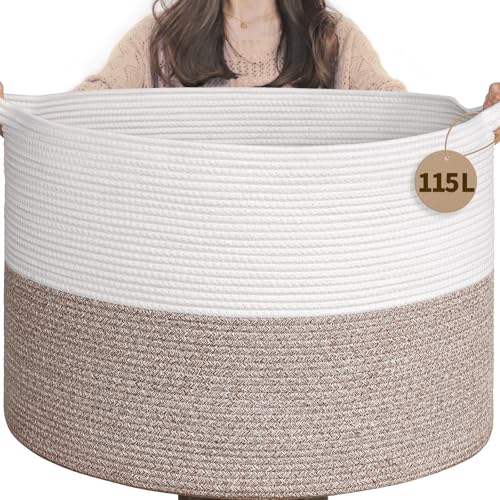 INDRESSME Large Cotton Rope Storage Basket with Handles, 90L Grey R37552