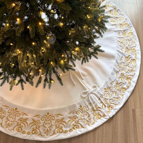 Burgundy Victorian Velvet Christmas Tree Skirt with Gold Damask Embroidery Q6345