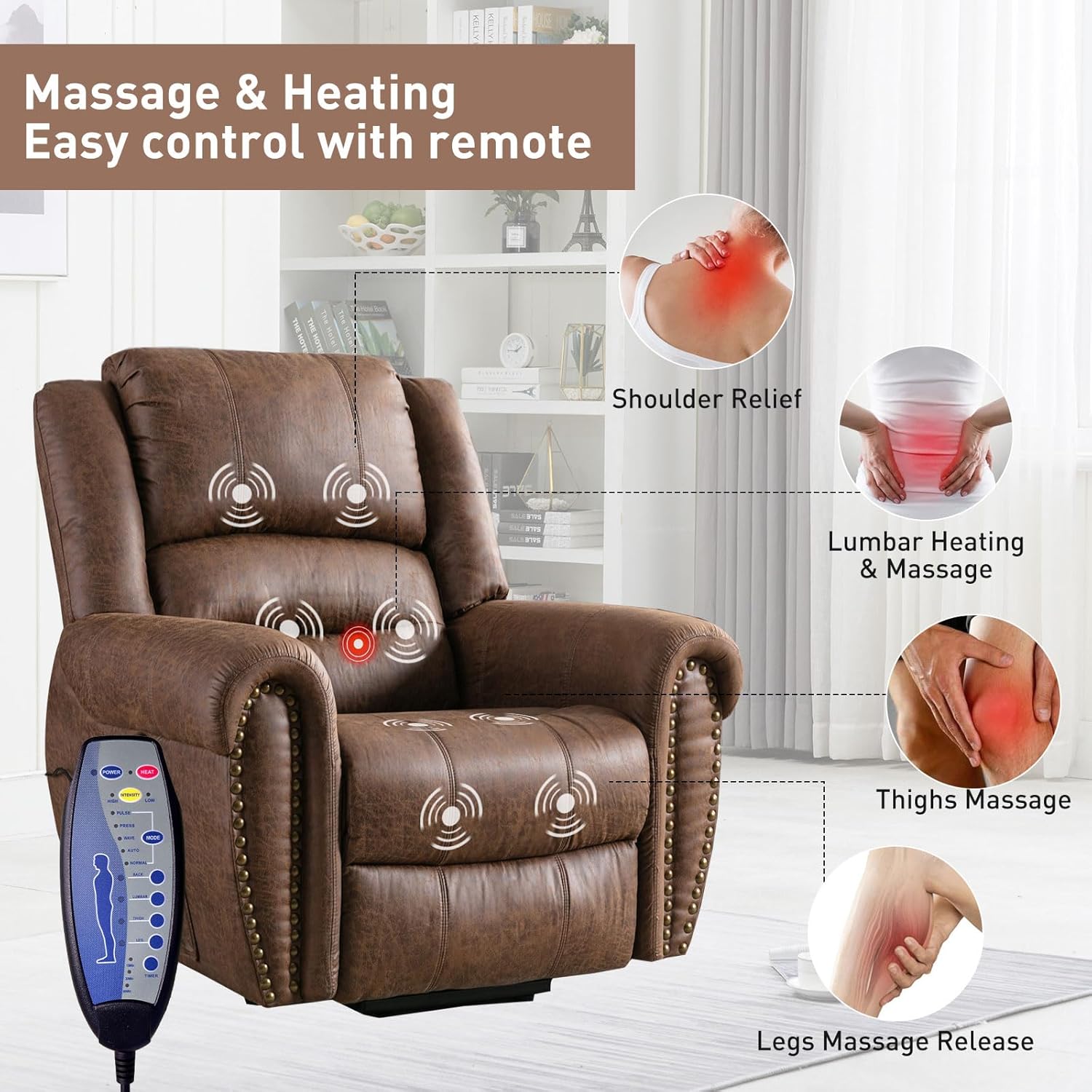 Phoenix Home Power Lift Chair for Elderly Leather Electric Reclining with Massage and Heating, Brown J82667
