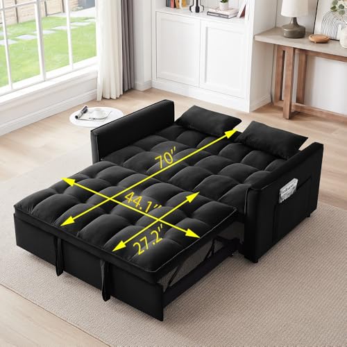 Modern Velvet Convertible Sofa Bed with Adjustable Back and Storage Bag, Blue Double S9157