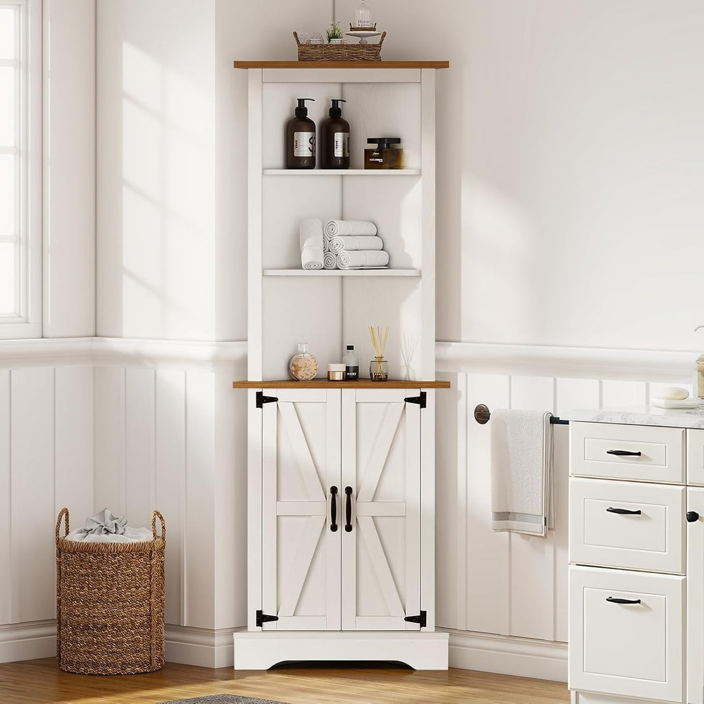 4 EVER WINE Farmhouse Corner Cabinet with 5 Shelves & Barn Doors, White F9155