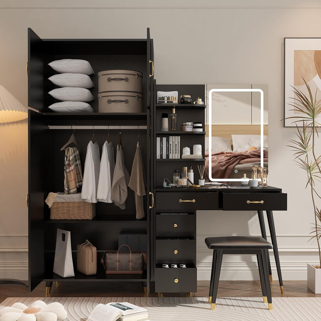 Makeup Vanity Table and Armoire Wardrobe Set with LED Mirror, Black Q6333