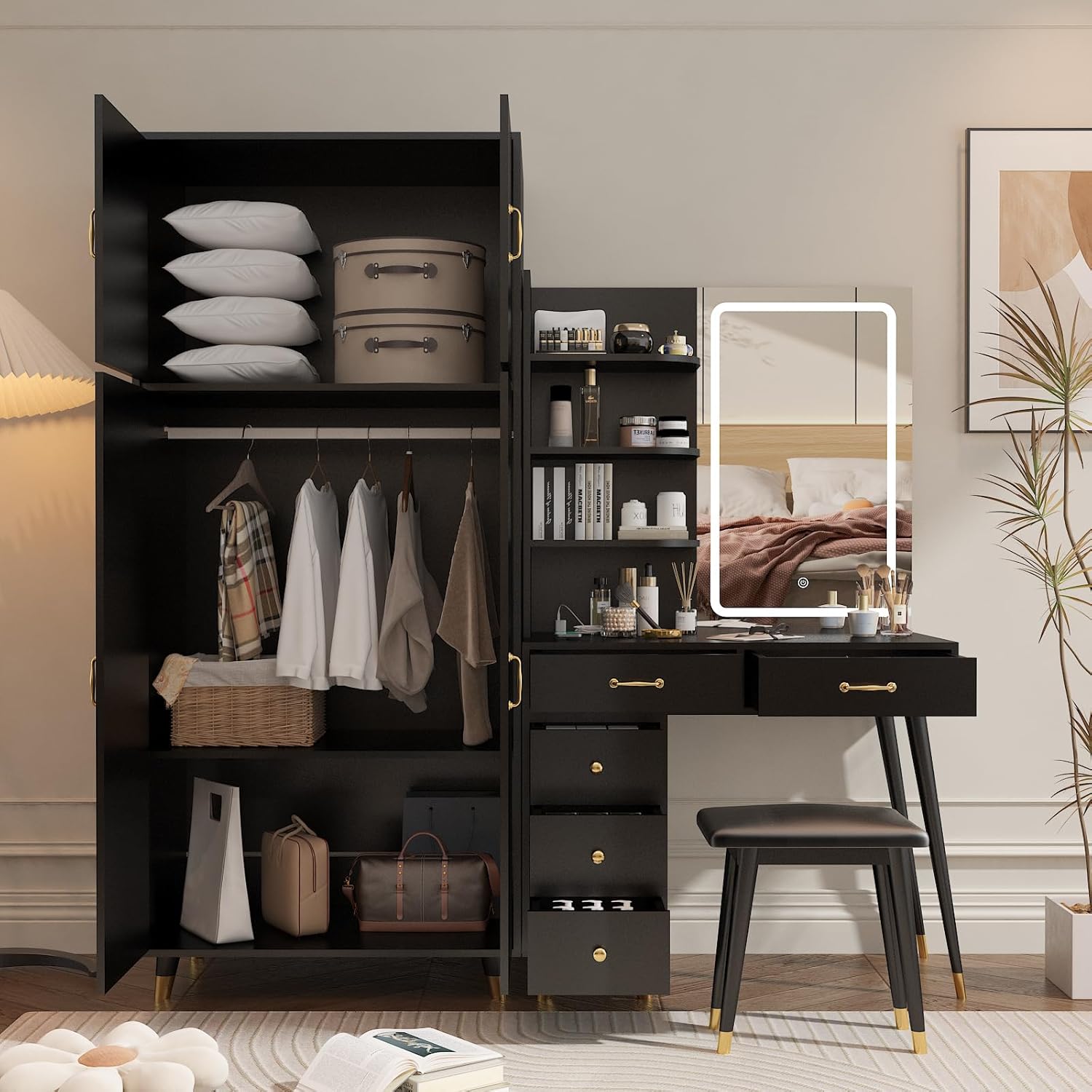 Makeup Vanity Table and Armoire Wardrobe Set with LED Mirror, Black Q6333