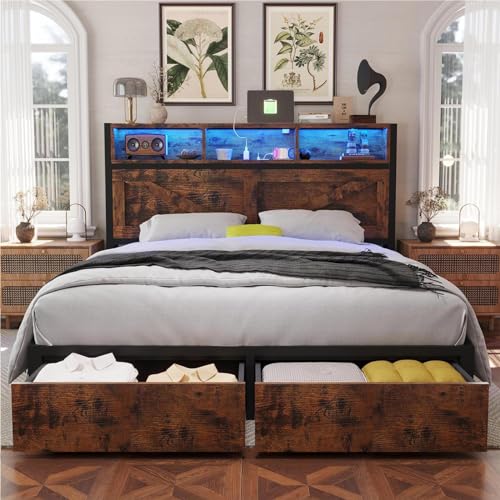Farmhouse Full Size Bed Frame with Storage Bookcase Headboard and Drawers, RGB LED Lights and Charging Station, No Box Spring Needed, Noise Free, Vintage Brown