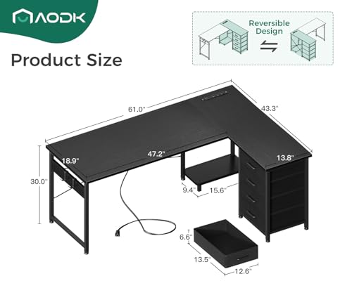 AODK L Shaped Gaming Desk with 4 Drawers, Power Outlets, Black P81263