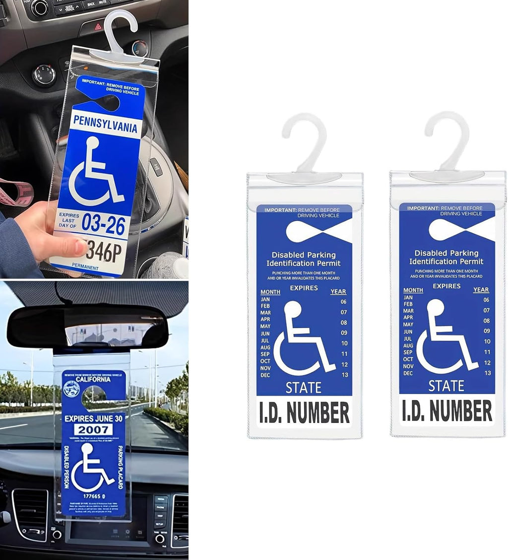 2 PCS Car Handicap Parking Placard Hanging Bag, 11.6" x 4.9" Disabled Parking Permit Super Clear PVC Protective Case, Disabled Placard with Hook, Universal Auto Accessories (Transparent)