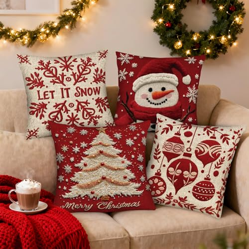 PICKFORU Christmas Throw Pillow Covers 18x18 Set of 4, Winter Holiday Decorative Cushion Cases I32037