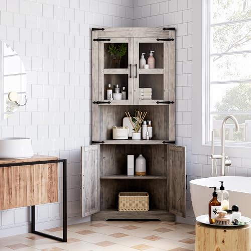Farmhouse Corner Cabinet with Barn Door and Adjustable Shelves, White J266