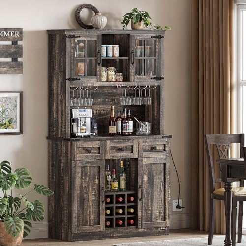 DWVO Coffee Bar Cabinet with Power Outlet and Lights, Farmhouse Pantry Cabinet, Dark Rustic Oak H8447